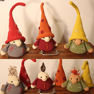 photo de trois lutins en peluche réalisés au crochet